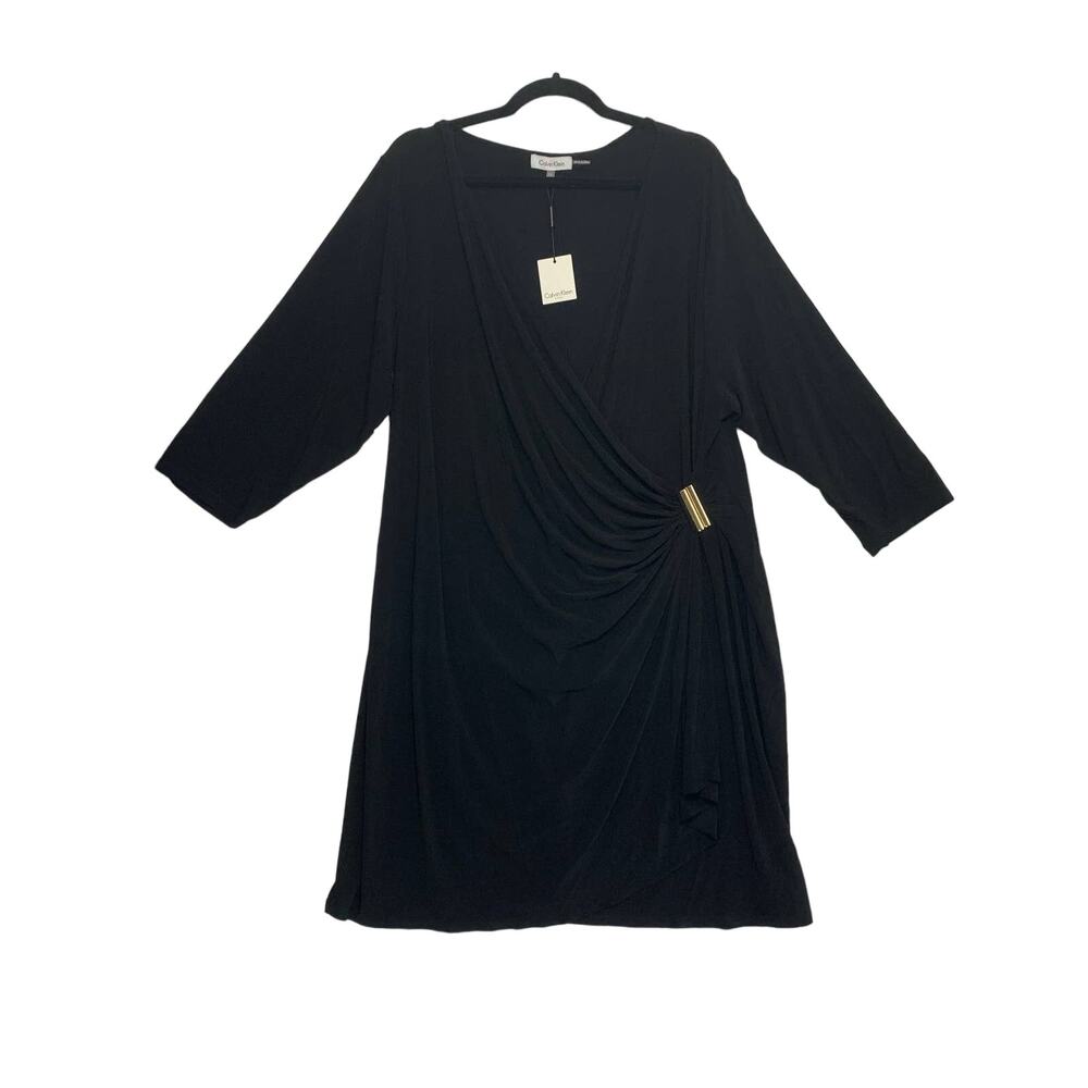 Calvin Klein Wrap Dress NWT Women's Size 2X Black 3/4 Sleeve Ruched Classic